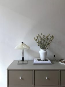 Bedroom Decor Details, Dried Flowers, beige storage, mirror, Hay Matin Lamp, minimal style neutral home, slow living | RG Daily Blog